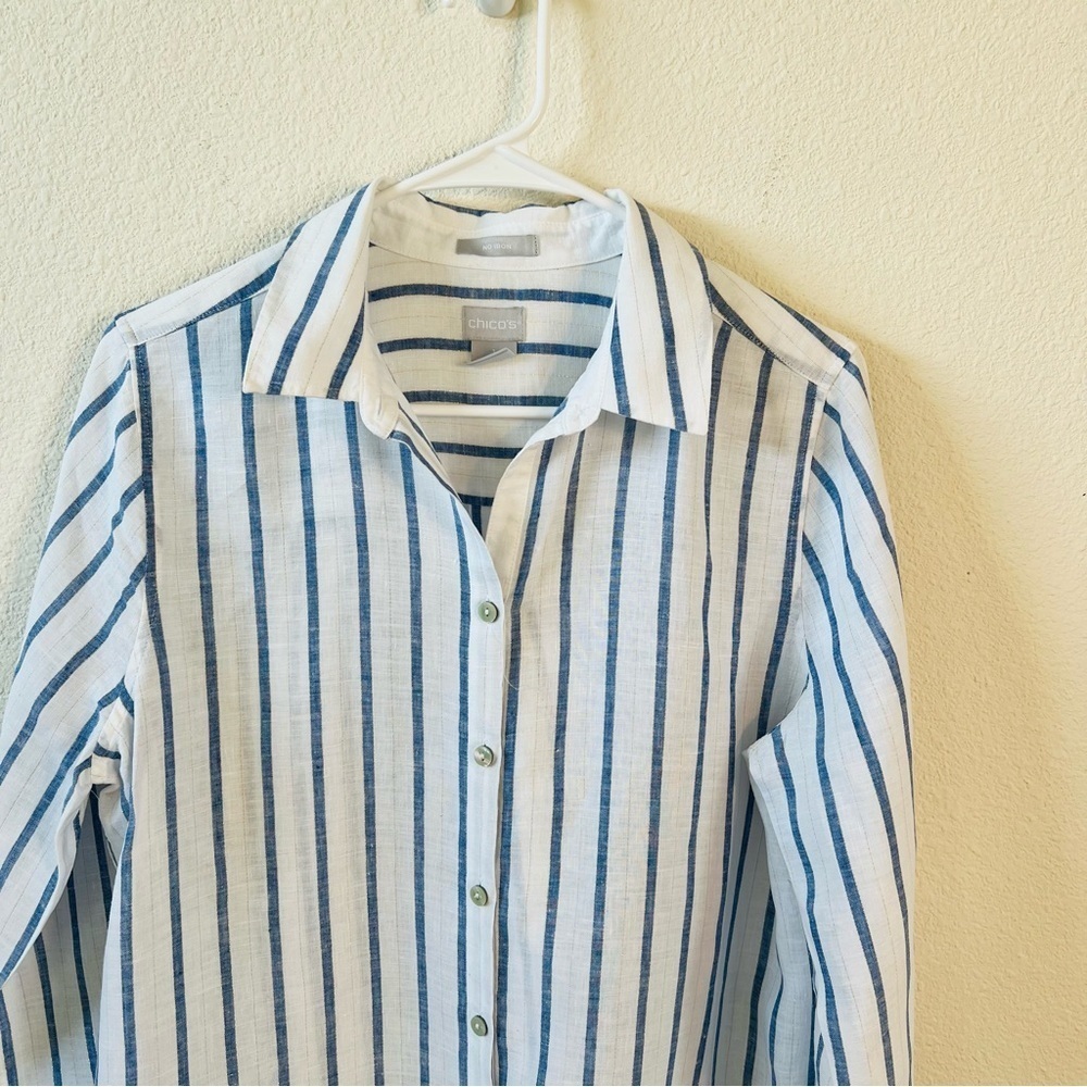 Linen Blue/Wht Stripe Maxi Tunic 3/4 Sleeve Size 8/10 - Picture 2 of 12